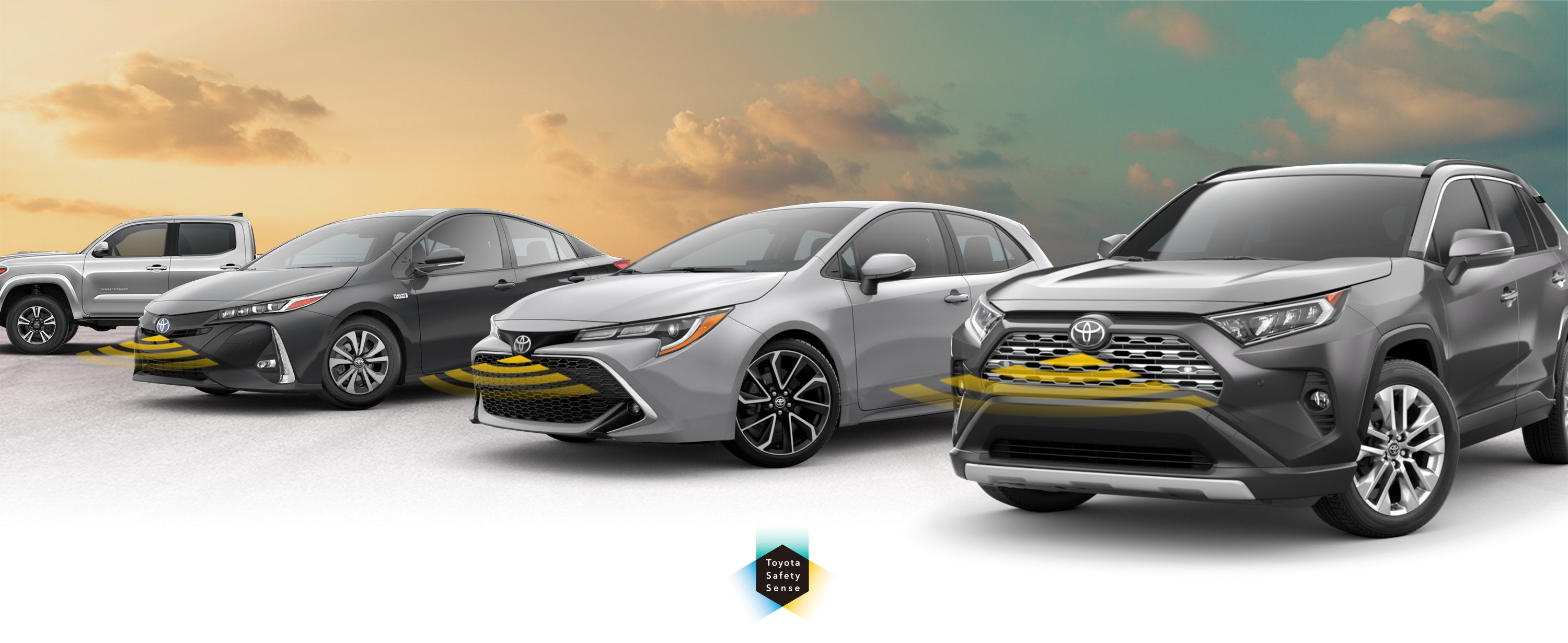 Toyota Safety Sense: Designed for Safety. Options shown on Toyota models including RAV4, Tacoma, and Camry, available now at Maverick Toyota in Lemon Grove CA.