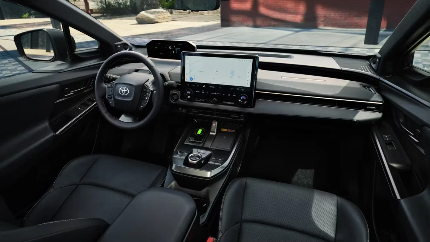 Interior view of the Toyota bZ4X dashboard and cabin